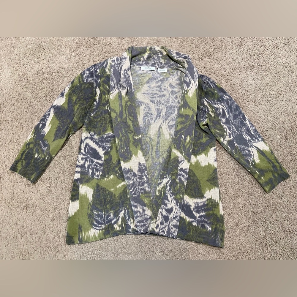 NEIMAN MARCUS 100% CASHMERE Open Front CARDIGAN Knit SWEATER FLORAL Women’s Sz L